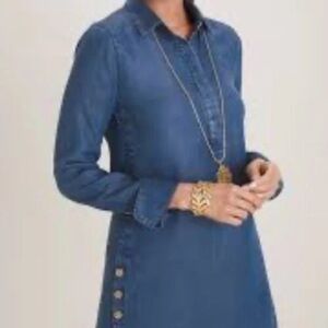 CHICO'S Women's Sz 2 LARGE Chambray Denim Blue Tunic Tencel Pullover Top EUC